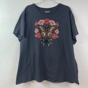Torrid Heritage Womens Plus Size 2 Moth Floral Rhinestone Graphic T-Shirt Grey